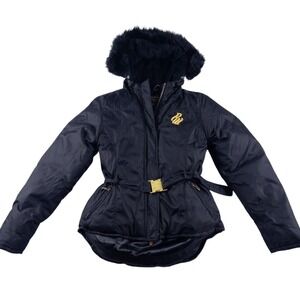 Rocawear Puffer Jacket Women M Black Fur Hood Belted Y2K Streetwear Hip Hop Coat